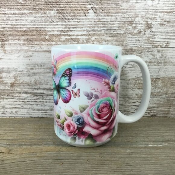 Butterfly & Floral 15 Oz Ceramic Mug With Rainbow Design For Coffee Or Tea - Picture 3 of 3